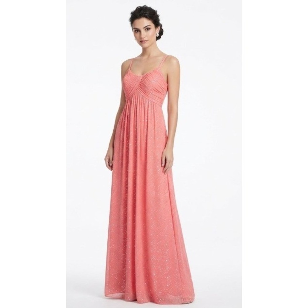 Jessica Simpson Coral Pink Silver Metallic Foil Pleated Maxi Dress Size 6